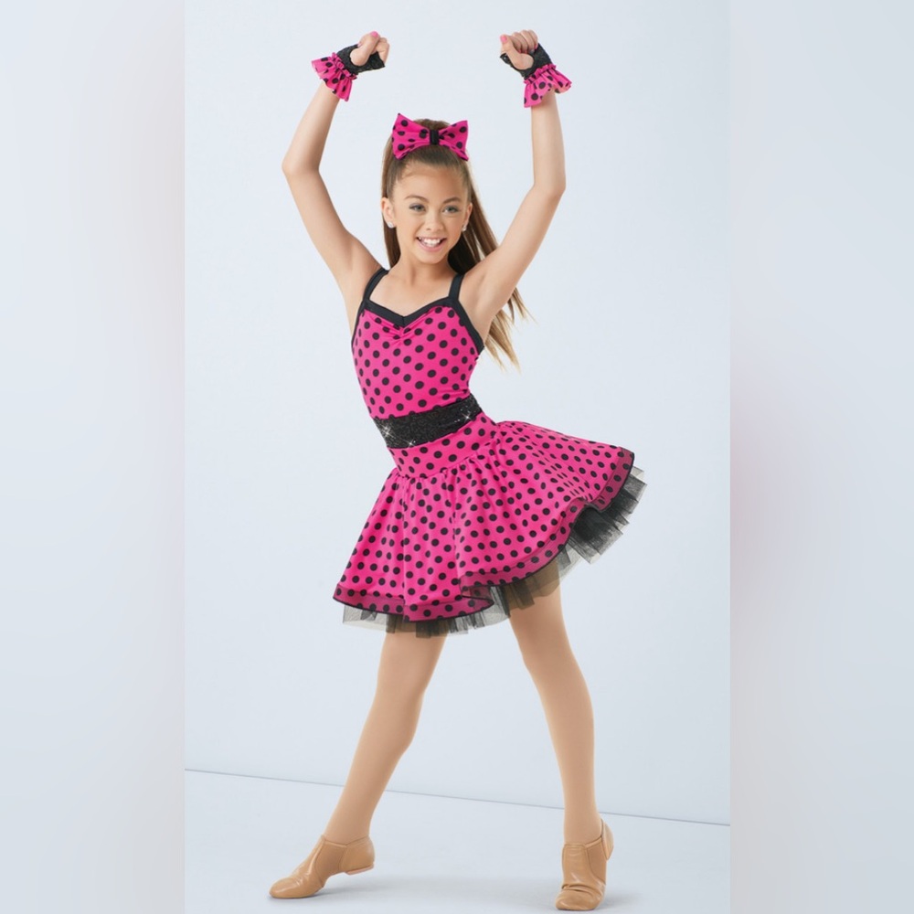 Weissman. Dance costume IC  jazz tap musical theater. Black and pink polkadots.